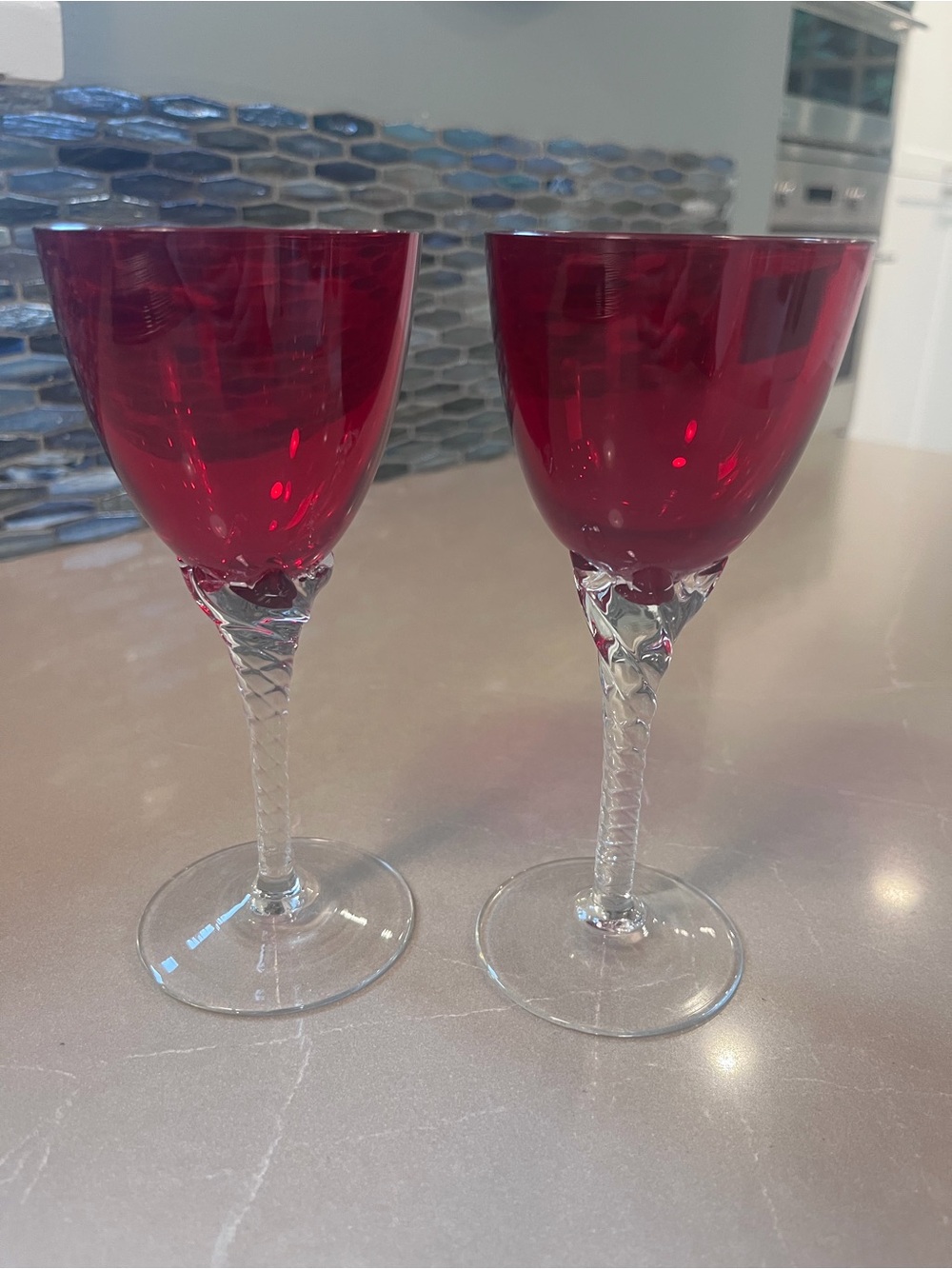 Vintage Pair of Sasaki Ruby Red Crystal Wine Glasses with Clear Twisted Stems